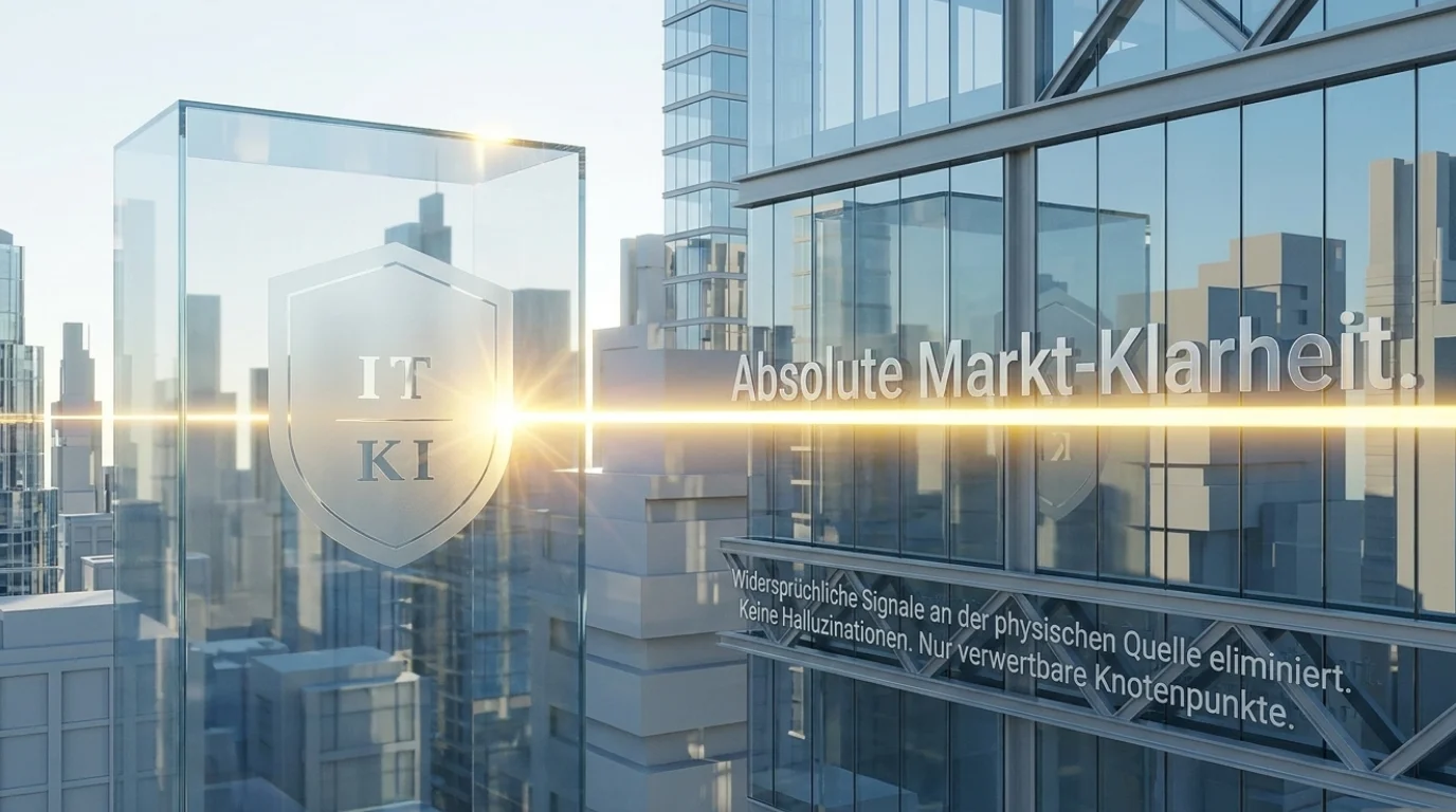 Absolute Markt-Klarheit: IT·KI badge on glass city skyline facade