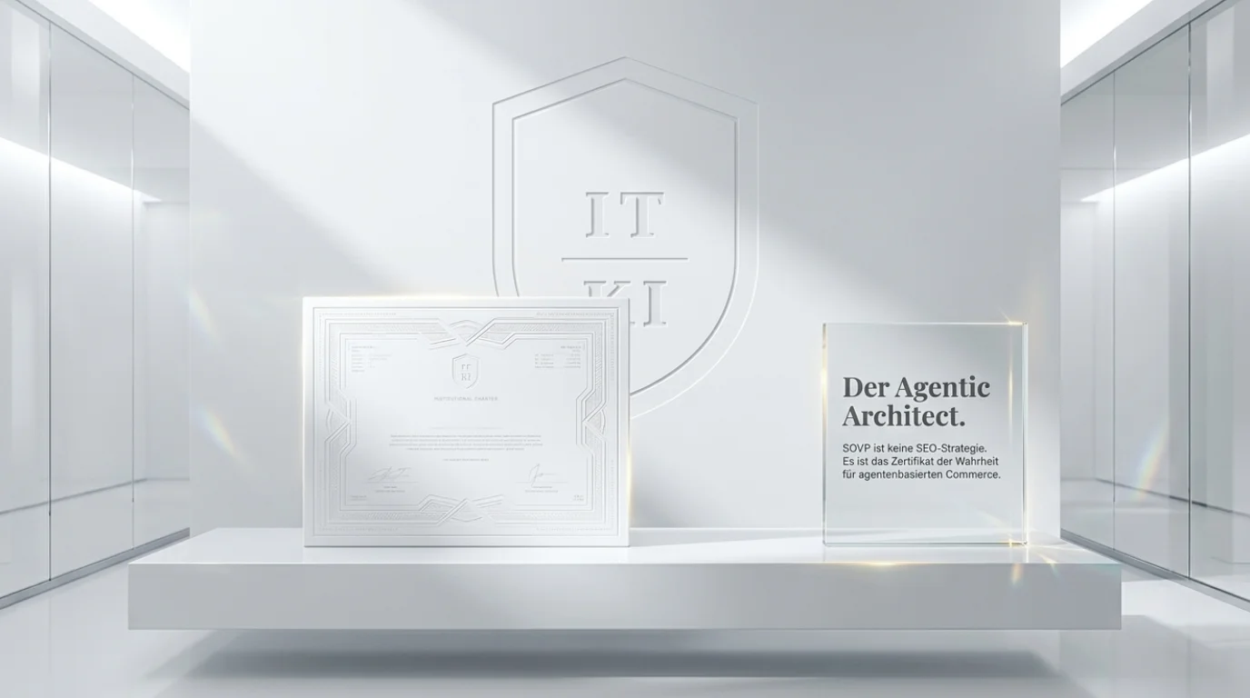 Der Agentic Architect: institutional charter and IT·KI seal on white pedestal