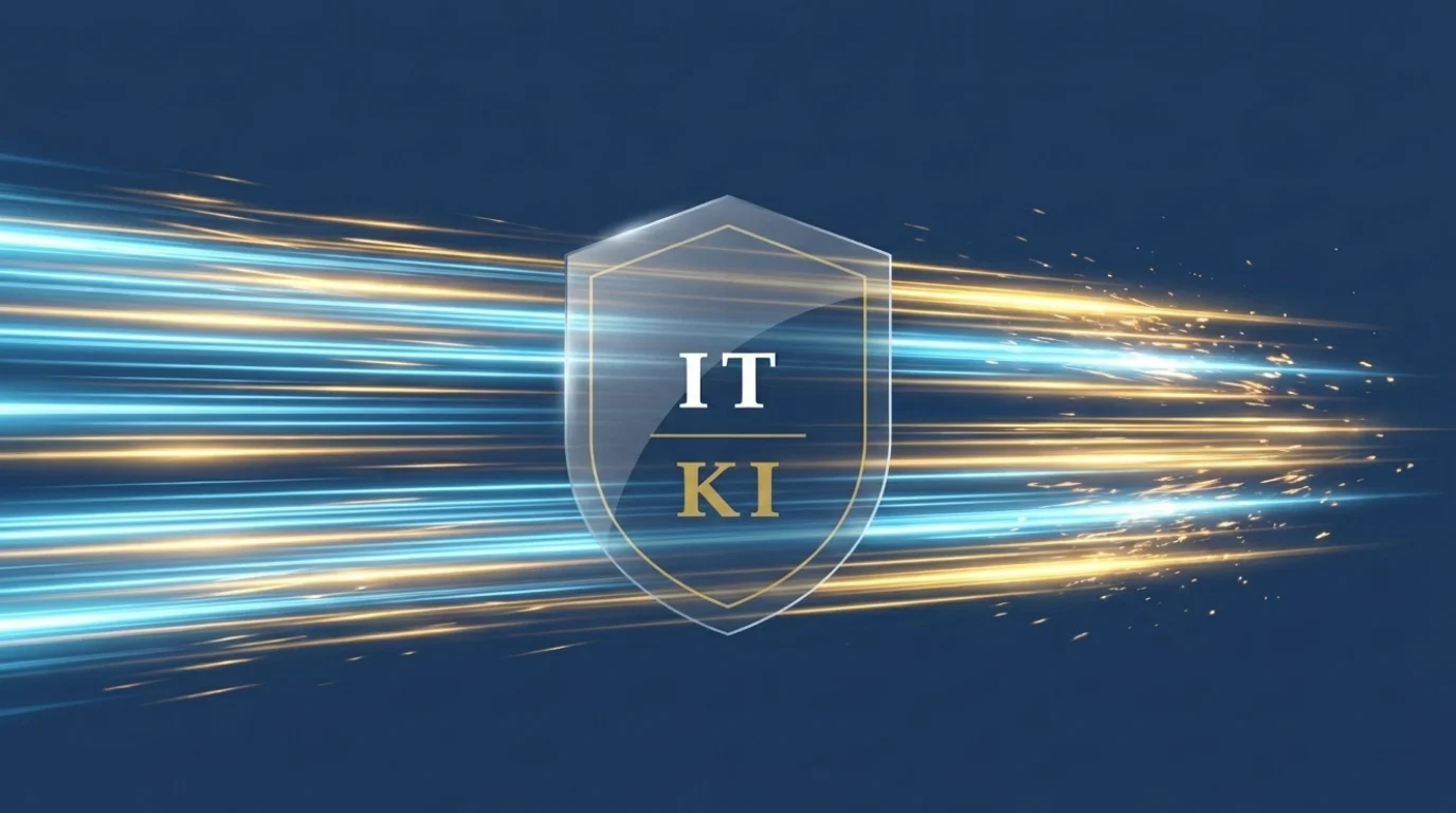 Agentic speed: IT·KI shield with high-velocity light trails
