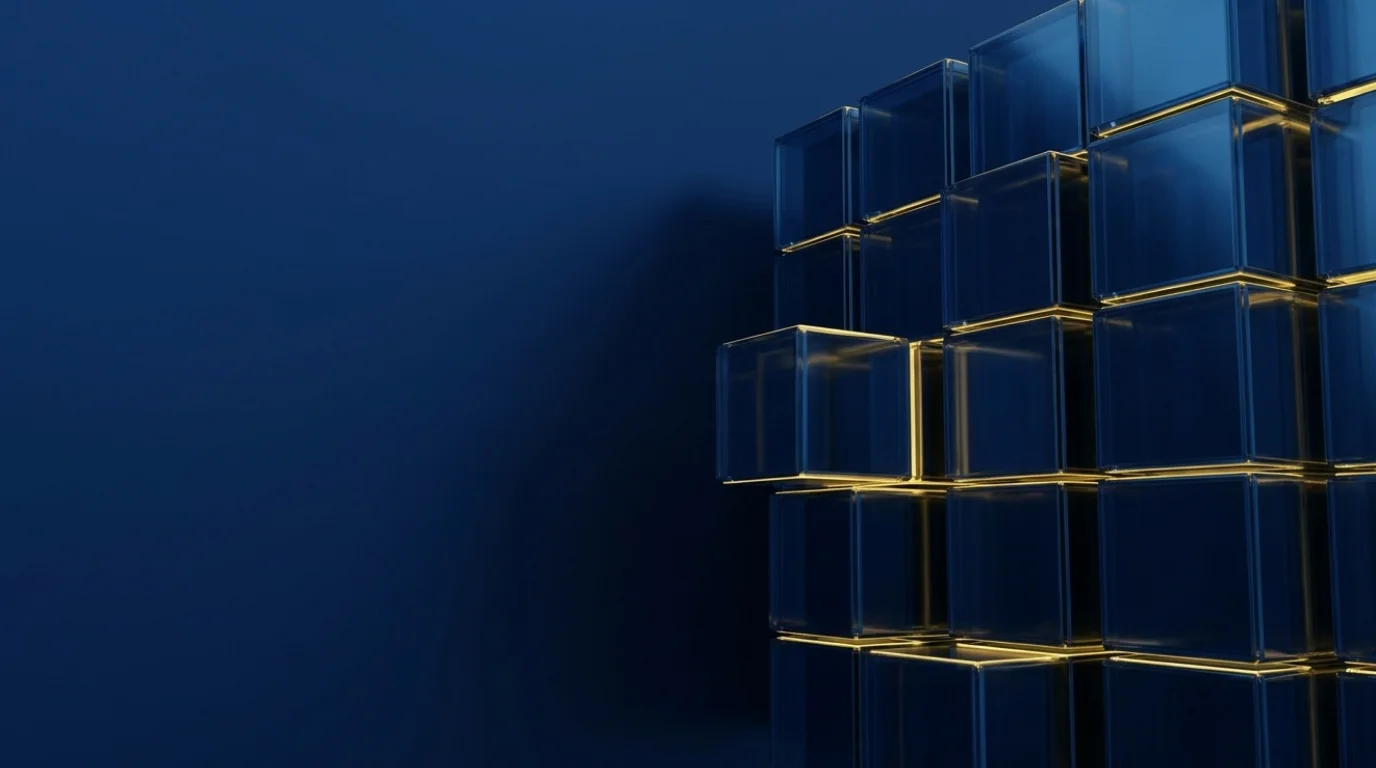Modular data architecture: blue and gold glass cube matrix