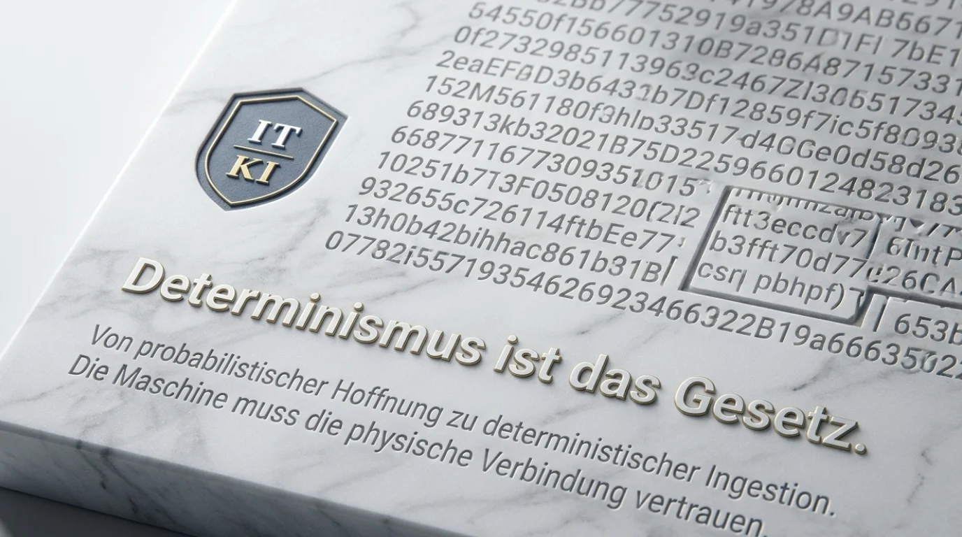 Determinismus ist das Gesetz: IT·KI badge on marble with deterministic hash data