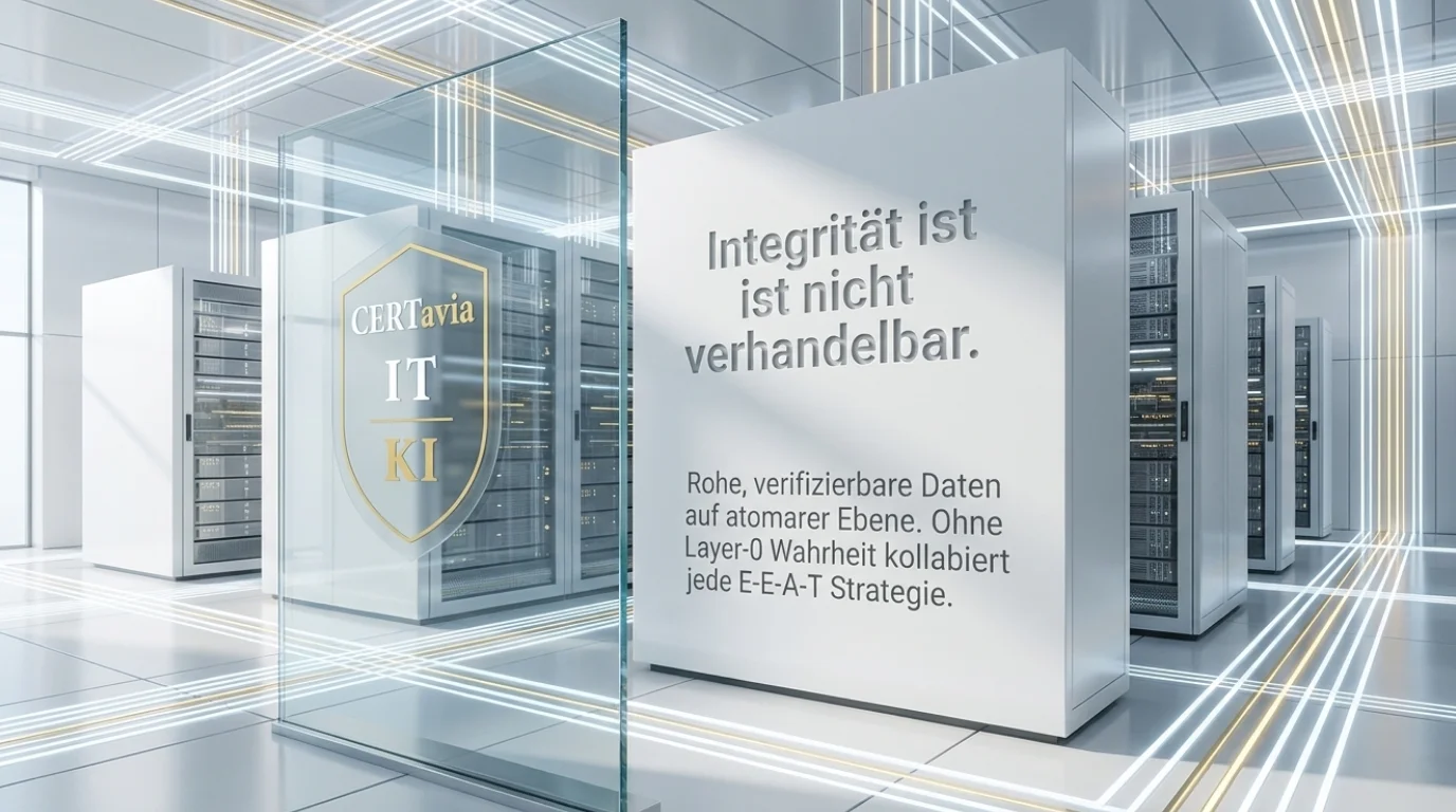 Integrität ist nicht verhandelbar: Serverraum mit CERTavia IT·KI-Badge und E-E-A-T-Strategie