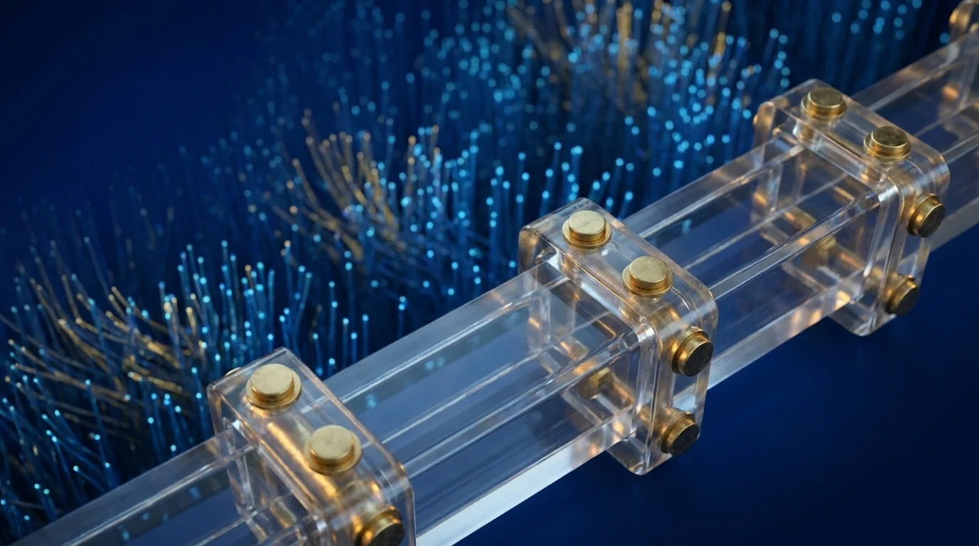 Sovereign pipeline: fiber optic chain with gold connectors on deep blue
