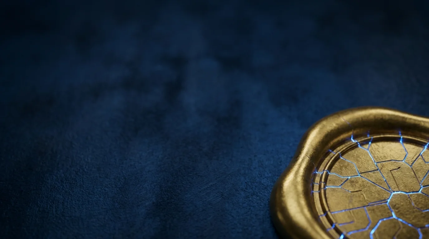 Sovereign seal: gold wax seal with hexagonal circuit pattern on deep navy